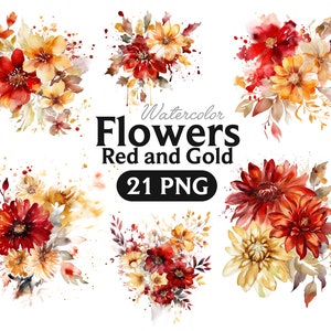 Rouge et or Floral Clip Art, téléchargement instantané numérique peint fleur aquarelle png