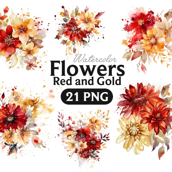 Red and Gold Floral Clip Art, digital instant download painted watercolor flower png