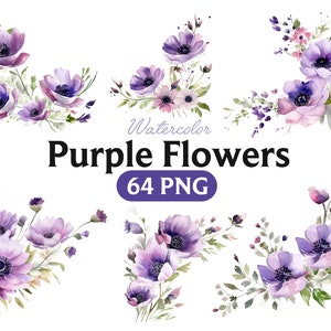 Lila Blumen PNG, Aquarell Blumen Clipart, lila Blumen Bundle Illustrationen, sofortiger Download, digitales Png