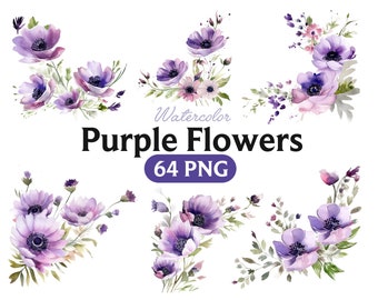 Clipart de flores moradas en acuarela: 64 ilustraciones PNG (descarga digital)