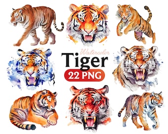 Watercolor Tiger Clipart: 22 PNG Animal Art (Digital Download)