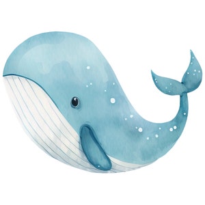 Pode incluir: Uma pintura em aquarela de uma baleine azul com manchas brancas e barriga branca. A baleia est&aacute; nadando para a direita e tem um olho pequeno fechado.