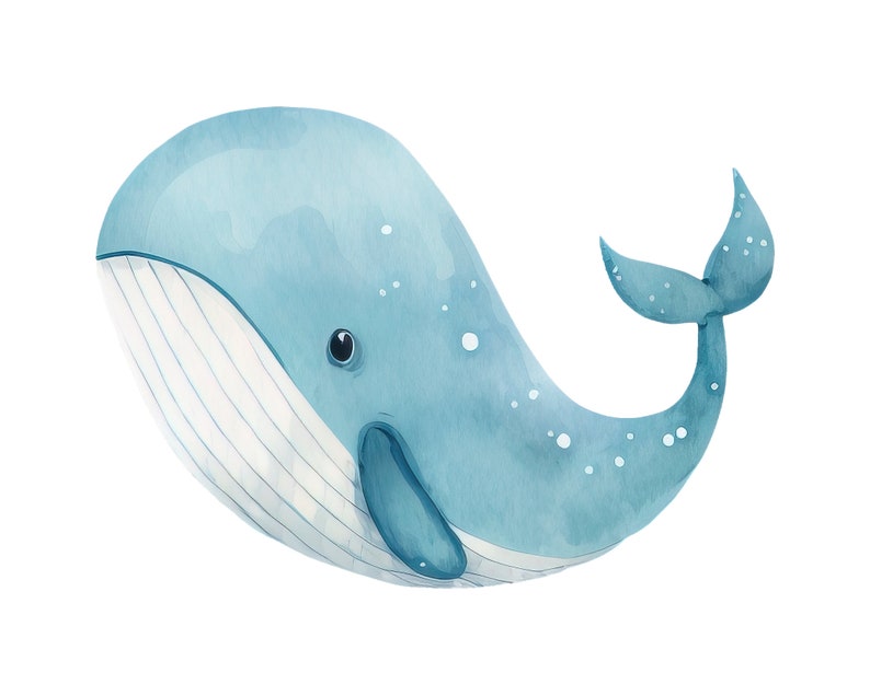 Pode incluir: Uma pintura em aquarela de uma baleine azul com manchas brancas e barriga branca. A baleia est&aacute; nadando para a direita e tem um olho pequeno fechado.