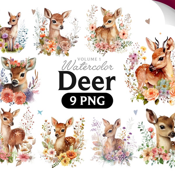 Deer Watercolor Clipart, Cute Fawn Baby Shower Graphics, Nursery Decor Wall Art, Woodland Animal