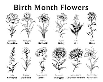 Clipartbundel geboortemaand bloemen: digitale ontwerpen voor commercieel gebruik (PNG, EPS)