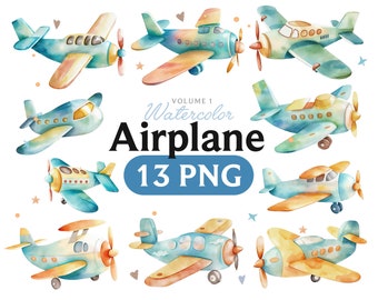 Watercolor Airplane Clipart Bundle: 13 PNG Illustrations (Instant Download)