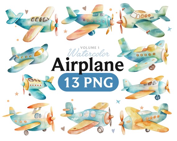 Watercolor Airplane Clipart Bundle: 13 PNG Illustrations (Instant Download)