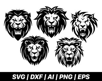 May include: Five black and white illustrations of lion heads with a roaring expression. The lions have detailed manes and are facing forward.
