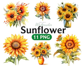 Watercolor Sunflower Clipart: Floral Bouquets, Elements (11 PNG) (Digital Download)