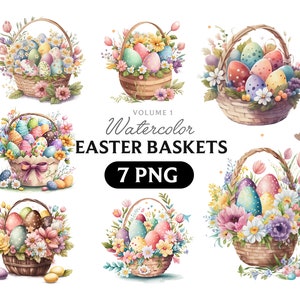 Clipart de paniers de Pâques aquarelle, paniers d'oeufs floraux en PNG, oeuf de Pâques, oeuf de Pâques aquarelle