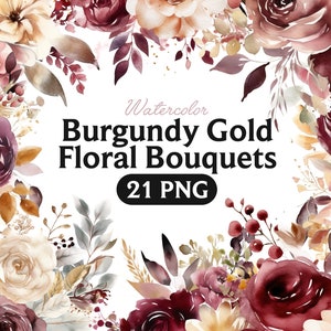 Bourgondische en gouden bloemenboeketten, digitale instant download vintage bloem png