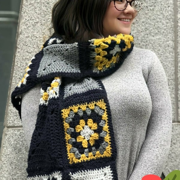 Crochet Granny Square Scarf Pattern PDF - Easy Colorful Granny Square pattern