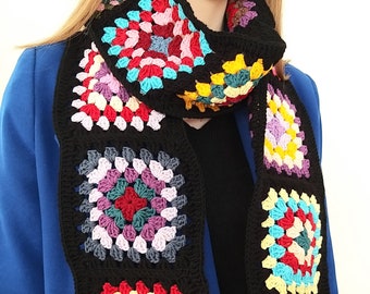 Knitting Scarf Pattern, Crochet Scarf Pattern, Easy Colorful Granny Square pattern PDF, Chunky Knit Scarf Pattern