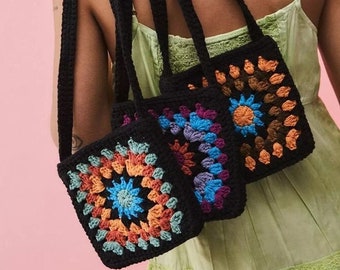 Modèle de sac carré au crochet grand-mère, sac à main motif marguerite au crochet tournesol avec sangle