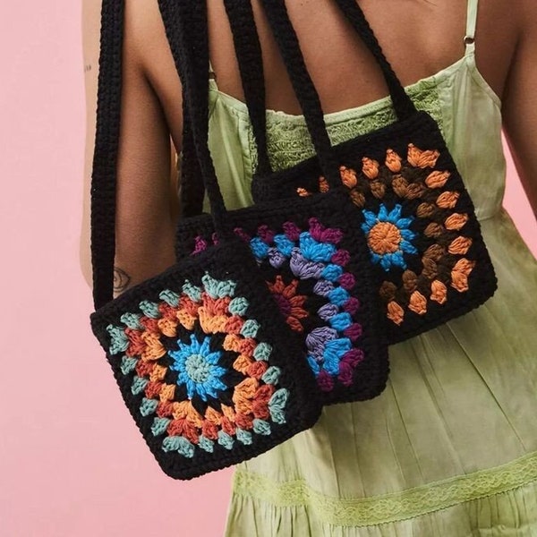 Granny Square Crochet Bag Pattern, Daisy Crochet Purse Pattern Sunflower Bag With Strap