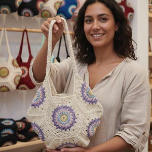 Könnte beinhalten: Eine cremefarbene Häkeltasche mit geometrischem Design und einem Blumenmuster in der Mitte. Die Tasche wird von einer Person hochgehalten. Weitere Häkeltaschen in verschiedenen Farben werden im Hintergrund ausgestellt.