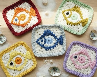 Crochet Fish Granny Square Pattern | Nautical Coastal Motif (PDF Tutorial)