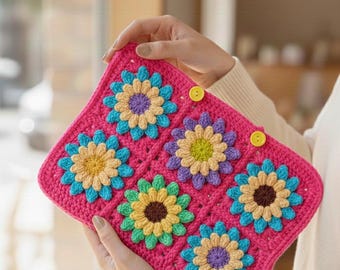 Crochet Book Cover Pattern | Flower Granny Square Book and  Ipad Sleeve | Floral Book Protector | PDF Tutorial