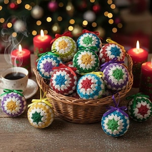 May include: A basket of colorful, crocheted Christmas ornaments with various floral patterns. The ornaments are in shades of red, blue, green, yellow, and purple. Lit red candles and a cup of coffee complete the festive scene.
