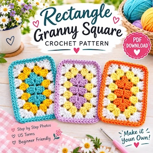 Könnte beinhalten: Drei rechteckige Häkel-Granny-Squares in Türkis, Lavendel und Orange, jeweils mit gelben und weißen Akzenten. Der Text lautet Rectangle Granny Square CROCHET PATTERN, PDF DOWNLOAD, Step by Step Photos, US Terms, Beginner Friendly und Make it Your Own.