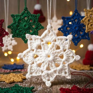 May include: A collection of multi-colored crochet snowflake ornaments hanging by strings. The stars are crafted in red, green, white, blue, gold, and purple yarn. Small crocheted hats and additional star shapes are arranged on a wooden surface.