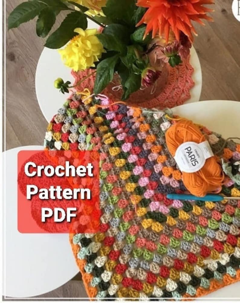 May include: A colorful crochet blanket with a granny square pattern, featuring orange, green, yellow, and pink hues. A ball of orange yarn and a crochet hook are visible. The text "Crochet Pattern PDF" is displayed on a red background.
