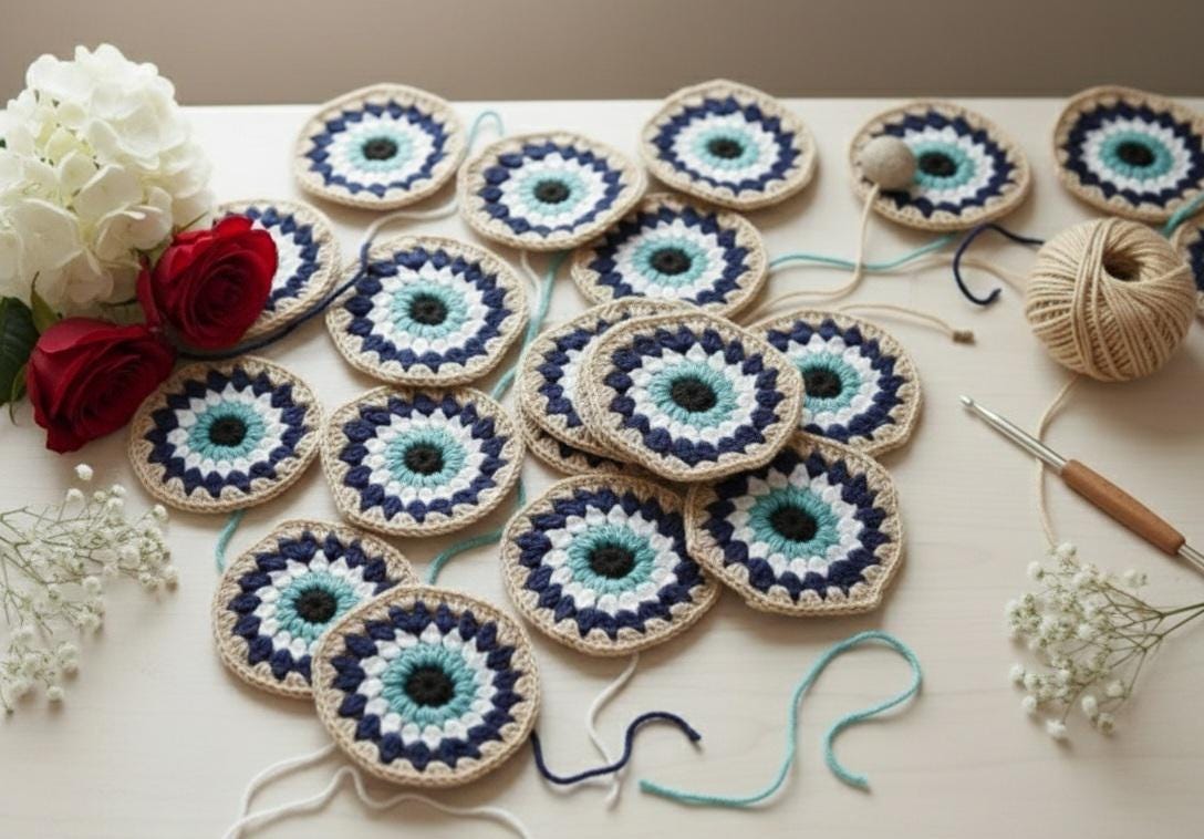 19 Evil Eye Crochet Patterns: Coasters, Squares and Home Decor 18 Evil Eye Granny Square Crochet