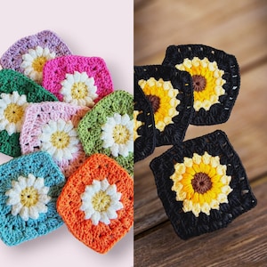 Granny Square Crochet Patterns, Sunflower and Daisy Crochet Granny Pattern Digital PDF