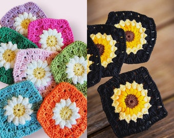Grandma Square Häkelanleitung, Sonnenblume Gänseblümchen Blume