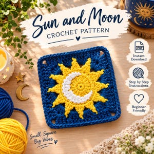 Sun and Moon Granny Square Crochet Pattern PDF | Celestial Square, Blanket & Pillow Motif