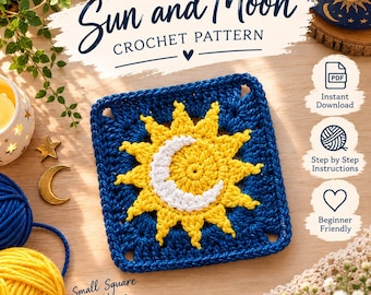 Sun and Moon Granny Square Crochet Pattern | Celestial Square, Blanket & Pillow Motif  (PDF Tutorial)