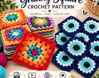 Easy Granny Square Crochet Pattern for Beginners, Evil Eye Design (PDF Crochet)