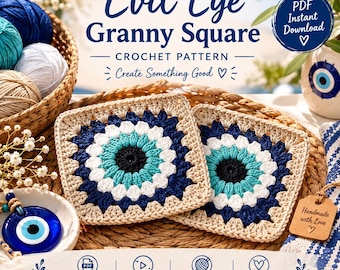 Evil Eye Granny Square Crochet Pattern, Easy Motif