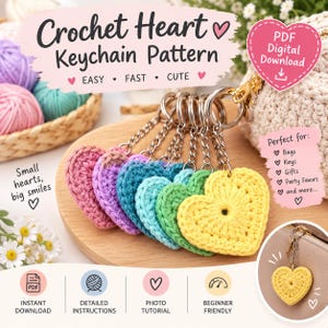 Puede incluir: Una colección de seis llaveros de corazón tejidos a ganchillo en rosa, morado, azul, turquesa, verde y amarillo. Cada corazón tiene una cadena y anilla de metal. La imagen incluye texto: Crochet Heart Keychain Pattern, PDF Digital Download.