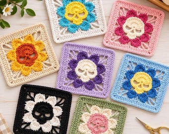 Halloween Crochet Skull Flower Granny Square Pattern, Gothic Coaster & Blanket Motif PDF