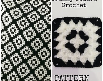 Granny Square Blanket Pattern, black and white crochet blanket, crochet pattern, PDF