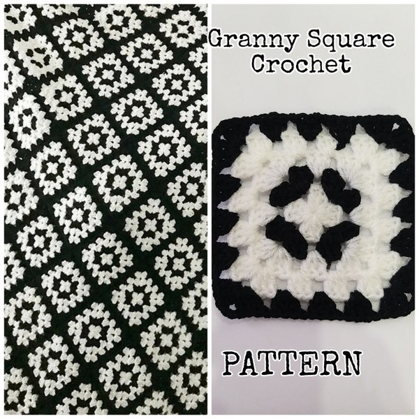 Modèle de couverture carrée grand-mère, couverture au crochet noir et blanc, modèle au crochet, PDF