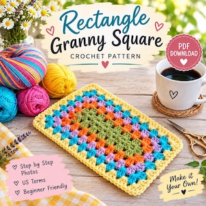 Könnte beinhalten: Ein rechteckiges Granny-Square-Häkelmuster mit mehrfarbigem Garn in Gelb, Orange, Blau, Grün und Lila. Das Bild enthält den Text Rectangle Granny Square Crochet Pattern, PDF Download, Step by Step Photos, US Terms, Beginner Friendly und Make it Your Own.