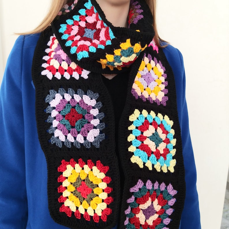 Crochet Granny Square Scarf Pattern PDF Easy Colorful Granny Square pattern image 3