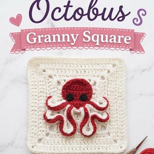 Puede incluir: Un cuadrado de ganchillo color crema con un pulpo rojo central, ojos negros y tentáculos bordeados en blanco. El texto "Crochet Octopus Granny Square" aparece sobre el cuadrado, junto a unas tijeras de metal de estilo antiguo.