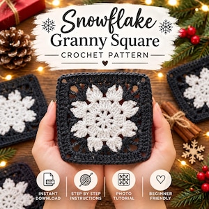 May include: A square crochet motif featuring a white snowflake design centred on a dark charcoal background. The text reads Snowflake Granny Square CROCHET PATTERN, with icons for instant download, step-by-step instructions, and photo tutorial.