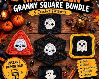 Halloween Granny Square Bundle – Skull, Ghost, Spider Web Crochet Patterns (PDF)