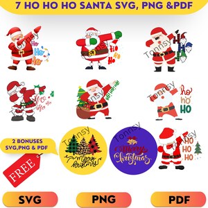 May include: Seven digital illustrations of Santa Claus in a red suit with a white beard and hat, doing the dab dance. The illustrations include the text "Ho Ho Ho" and are available in SVG, PNG, and PDF formats. Two bonus illustrations are included, one with a Christmas tree and the other with the text "Merry Christmas".