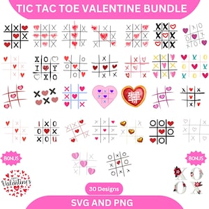 May include: A set of 30 Valentine's Day themed Tic Tac Toe game designs. The designs feature hearts, Xs, Os, and the words "I Love You". The designs are available in SVG and PNG formats.