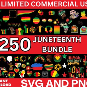 May include: A digital download bundle of 250 Juneteenth SVG and PNG graphics. The graphics feature a variety of designs, including flags, hearts, flowers, and text. The text includes phrases like "Black History Month", "Juneteenth", and "Celebrate Black History".