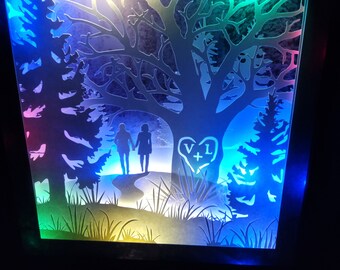 May include: A framed silhouette of a couple walking through a forest with a heart that says "V+1" in the background. The frame is lit with multi-coloured LED lights.