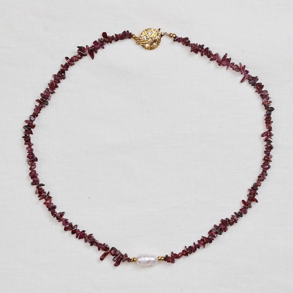 Natural stone garnet necklace with fresh water pearl charm | Semi-precious gemstone holistic jewellery