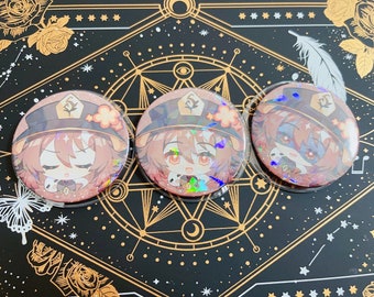 Set of 3 Genshin Impact Hu Tao Holographic Buttons Pins | 2.3" Anime Merchandise Gaming Merchandise Collectible