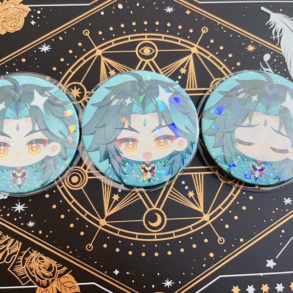 3er Set Genshin Impact Xiao Holographische Buttons Pins | 5,8 cm, Anime Merchandise, Spiele Fanartikel, Sammlerstück