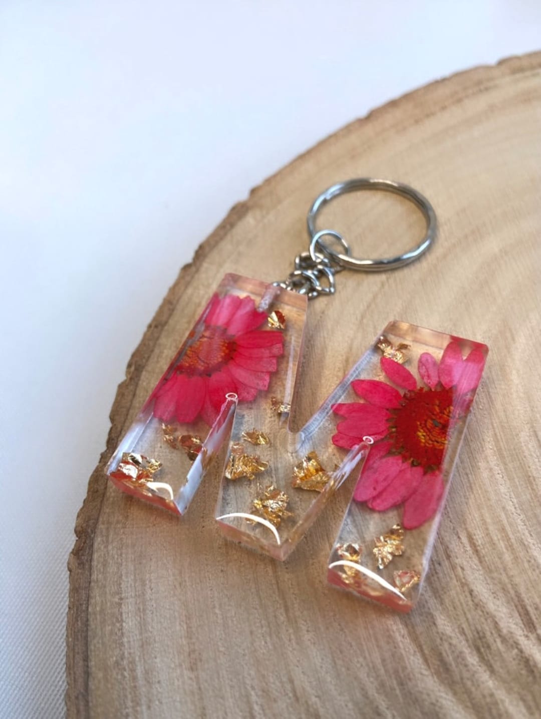 Handmade Keychain Made of Epoxy Resin as a Letter High-quality Accessory  and Gift With Red Dried Flowers 